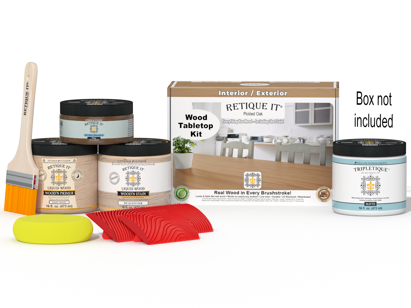 Retique It® Wood'n Finish Kit for tabletops in Pickled Oak stain, double size, with staining supplies and box.