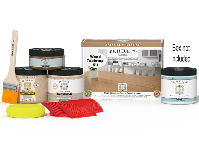 Retique It Wood'n Finish Kit in Pickled Oak for tabletops, includes stain bottles and application tools, double size kit for wood finishing.