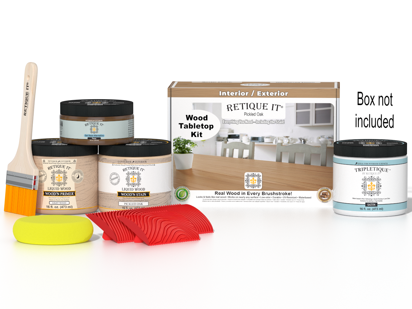 Retique It® Wood'n Finish Kit in Pickled Oak for tabletops, includes stain and finishing supplies in a double size box.