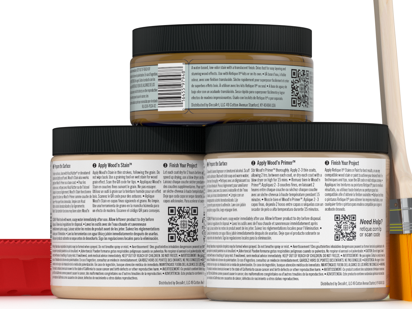 Three jars of wood finish product with labels and a paintbrush on a white background