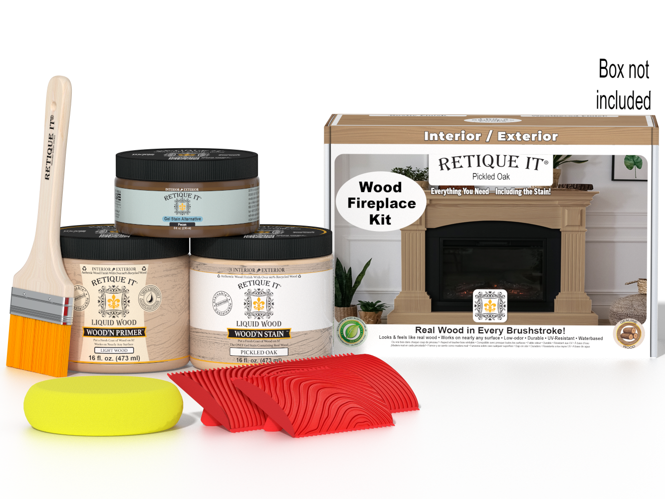 Retique It® Fireplace Wood'n Finish Kit in Pickled Oak stain, showing the full fireplace with wood finish and staining supplies.