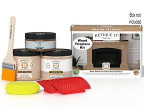 Retique It® Fireplace Wood'n Finish Kit in Pickled Oak stain, showing the full fireplace with wood finish and staining supplies.