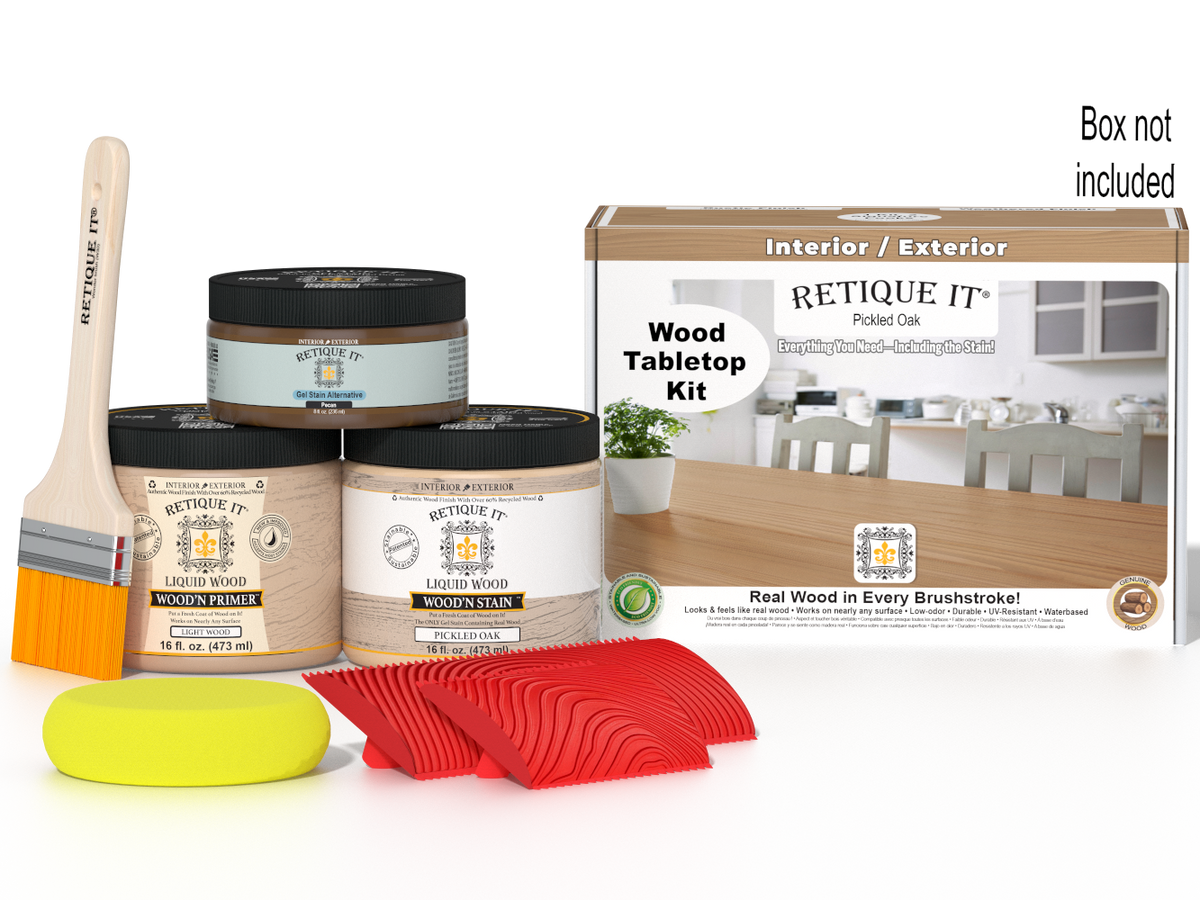 Retique It® Wood'n Finish Kit for tabletops in Pickled Oak stain, includes stain bottles and applicator tools.