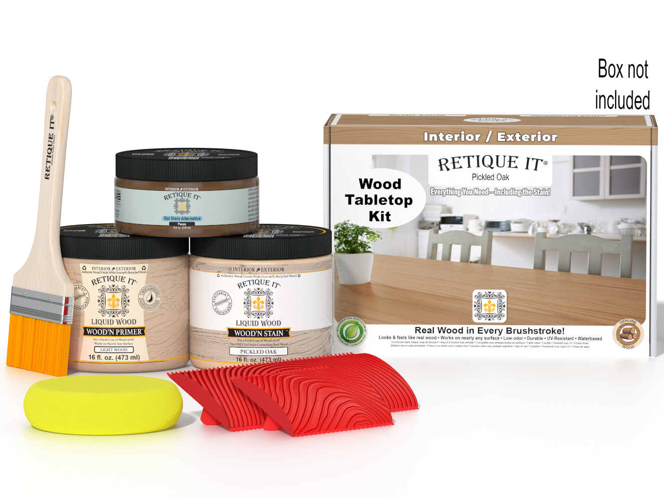 Retique It® Wood'n Finish Kit for tabletops in Pickled Oak stain, includes stain bottles and applicator tools.