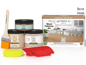 Retique It® Wood'n Finish Kit for tabletops in Pickled Oak stain, includes stain bottles and applicator tools.