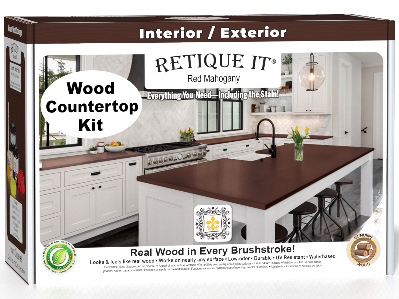 Red Mahogany stain kit for kitchen island countertops by Retique It®, featuring a box of stain products and application tools.