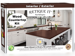 Red Mahogany stain kit for kitchen island countertops by Retique It®, featuring a box of stain products and application tools.