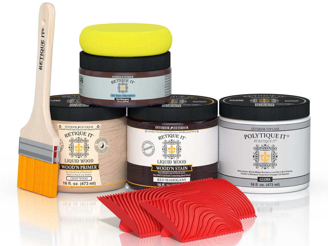 Gloss Red Mahogany Wood'n Finish Kit in a multi-purpose exterior top coat set by Retique It®, shown in an open kit image.