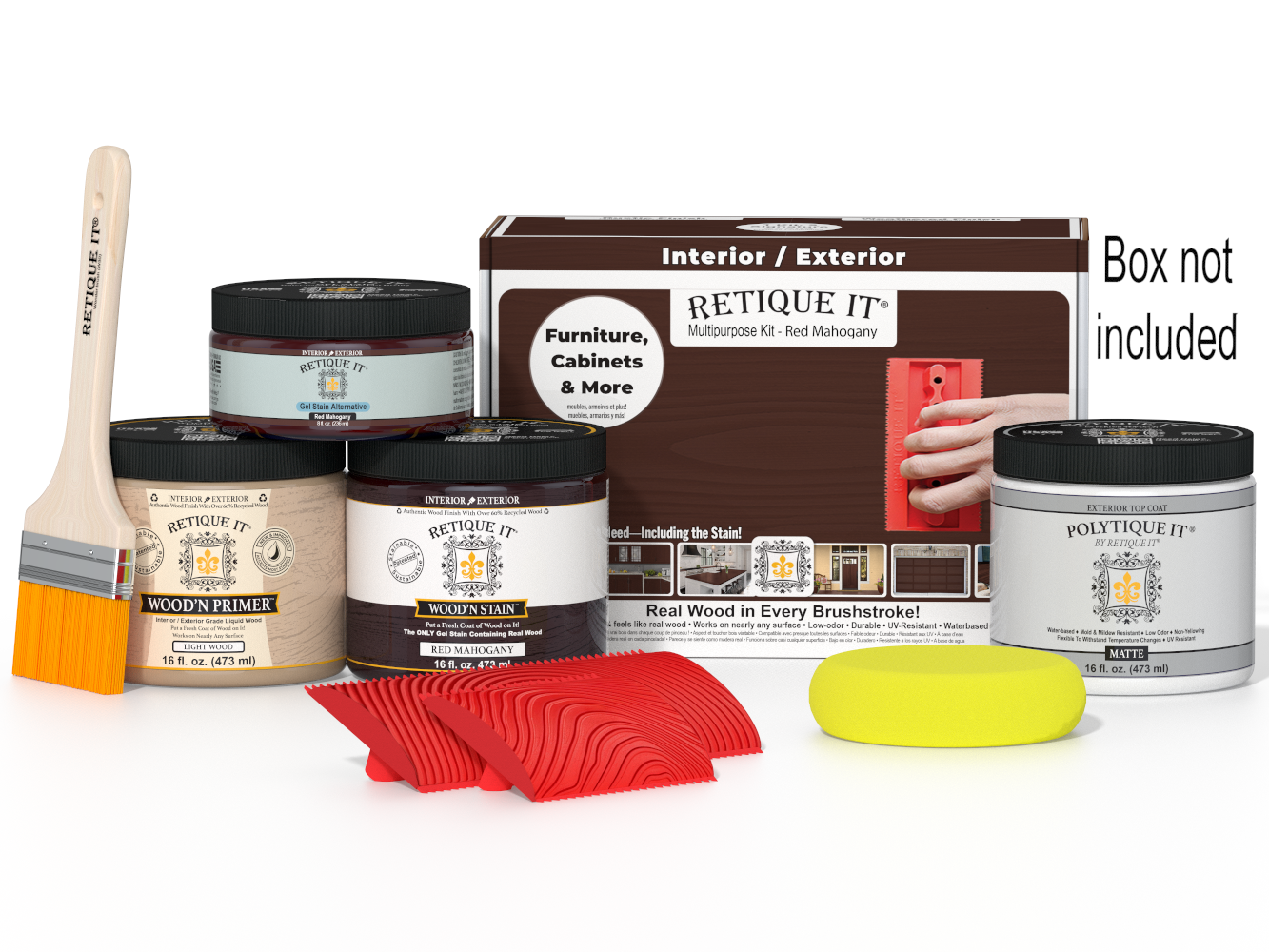 Retique It® Wood'n Finish Kit in Red Mahogany for exterior top coating, includes brushes and instructions in a compact box.