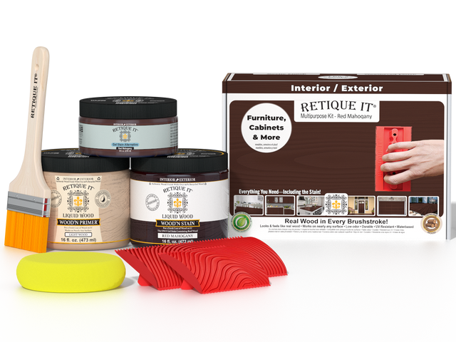 Retique It Multi-purpose Wood'n Kit in Red Mahogany for wood finishing, includes various tools and products for wood projects.