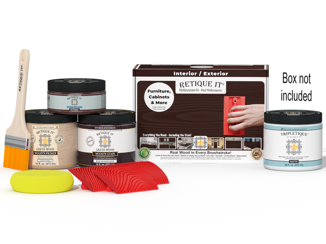 Retique It Multi-purpose Wood'n Kit in Red Mahogany for interior top coat, includes wood finish components and application tools.