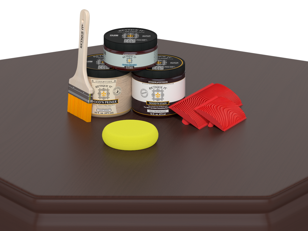 Painting supplies including cans, a brush, a sponge, and a sander on a brown surface.