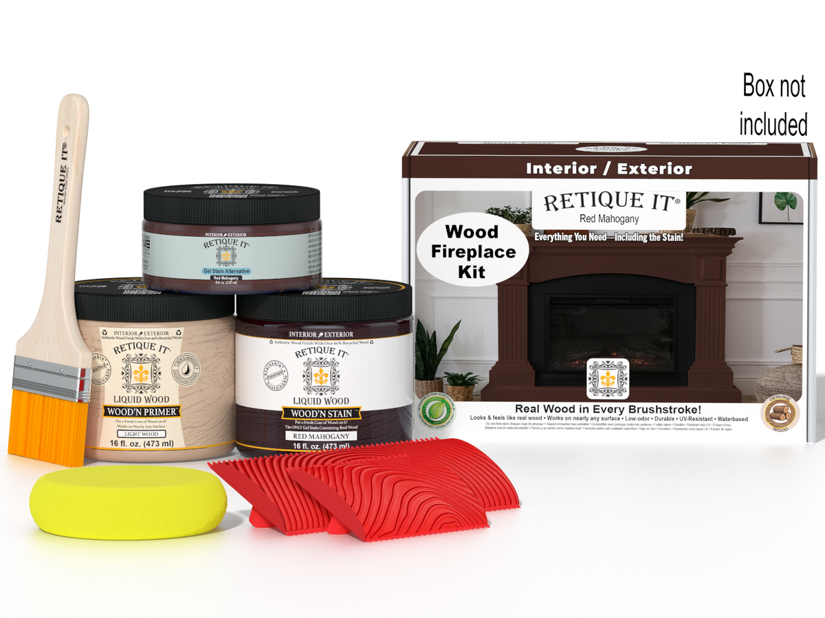 Retique It® Fireplace Wood'n Finish Kit in Red Mahogany stain for full fireplace, featuring stain bottles and application tools.
