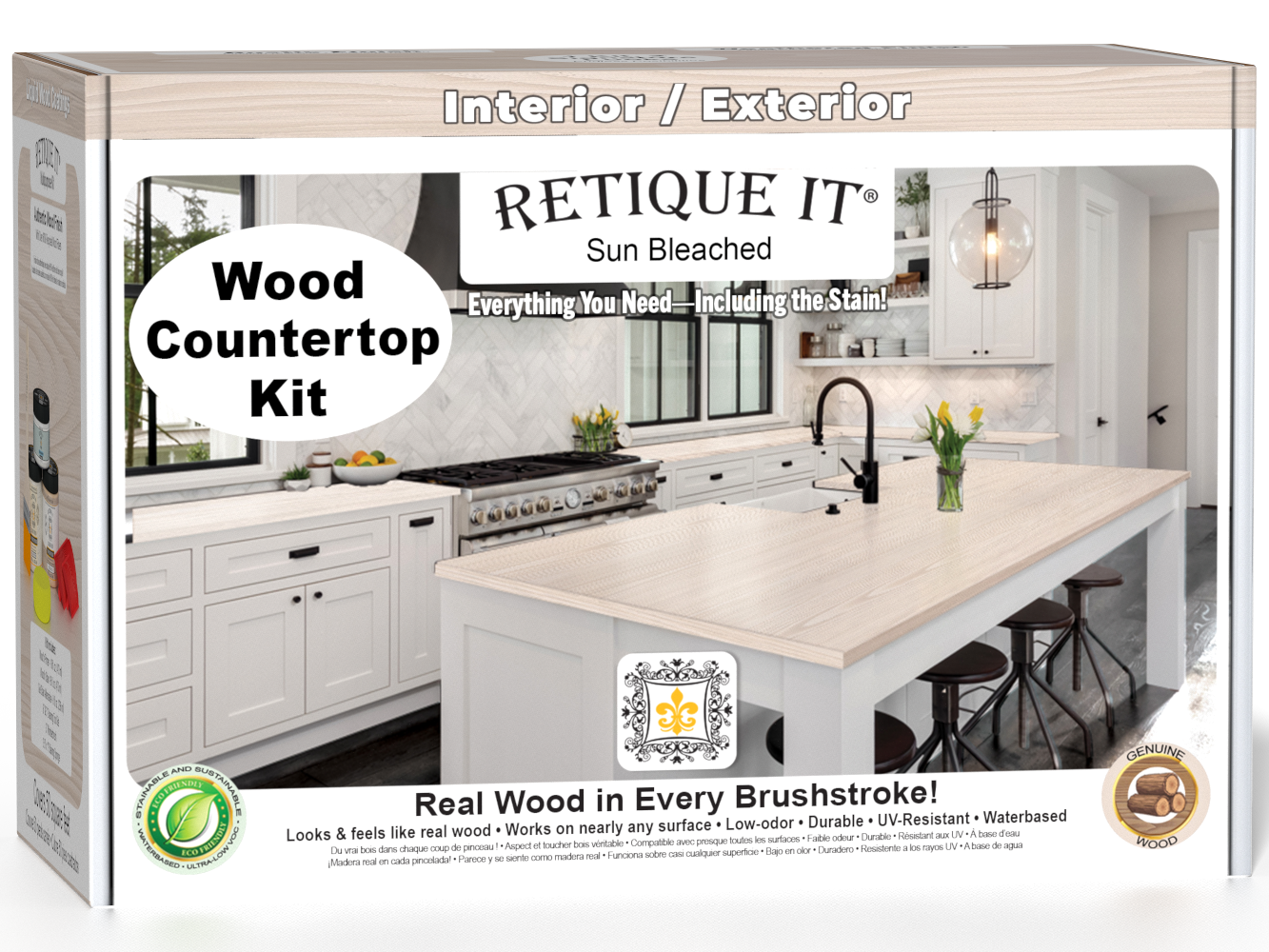 Sun-bleached wood countertop kit from Retique It® for kitchen islands, featuring wood finish components in a box.
