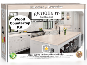 Sun-bleached wood countertop kit from Retique It® for kitchen islands, featuring wood finish components in a box.
