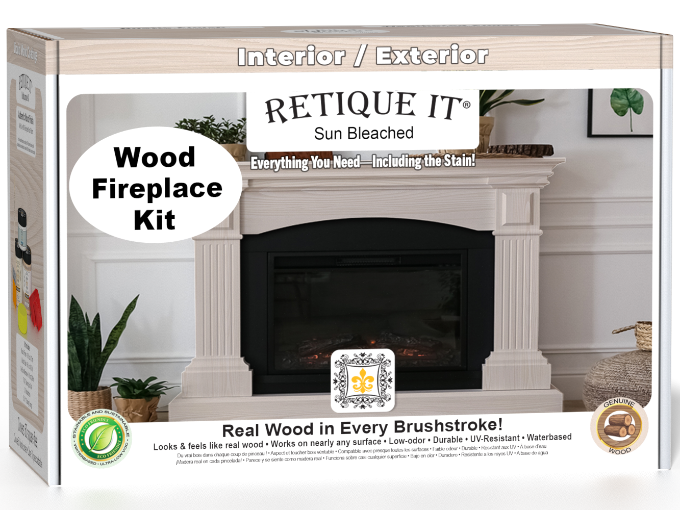 Retique It® Fireplace Wood'n Finish Kit in Sun Bleached for full fireplace renovation, includes wood finish and application tools.
