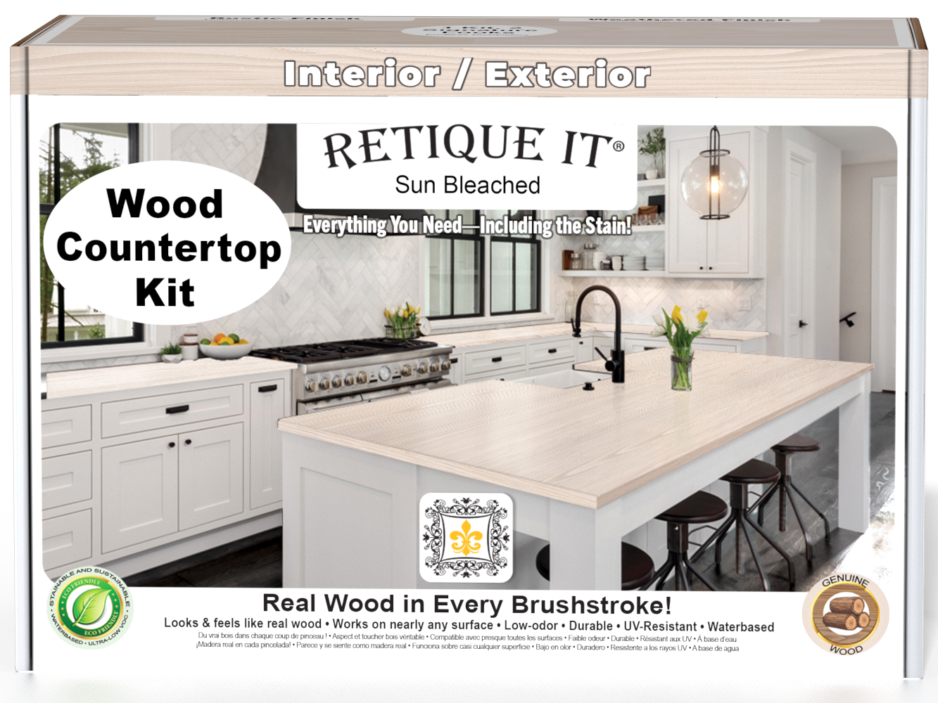 Sun bleached wood countertop kit from Retique It® for kitchen island, showing a 3D front view of the Wood'n Finish Kit in the box.