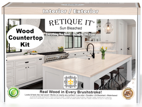 Sun bleached wood countertop kit from Retique It® for kitchen island, showing a 3D front view of the Wood'n Finish Kit in the box.
