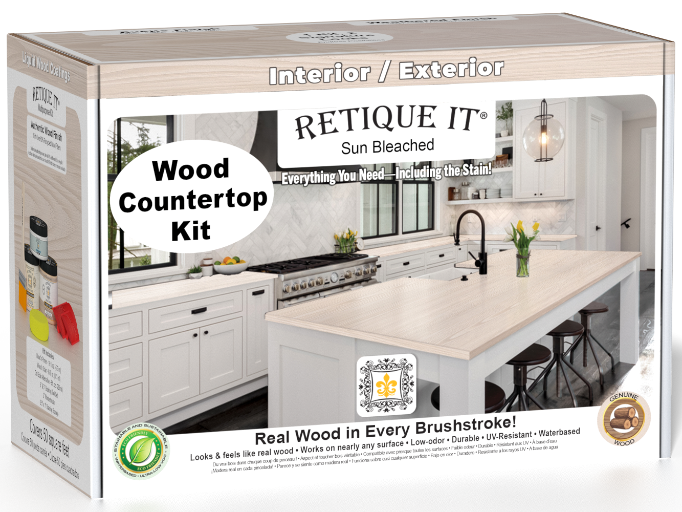 Sun-bleached wood finish countertop kit from Retique It® for kitchen islands, featuring natural wood grain and easy application.