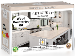 Sun-bleached wood finish countertop kit from Retique It® for kitchen islands, featuring natural wood grain and easy application.