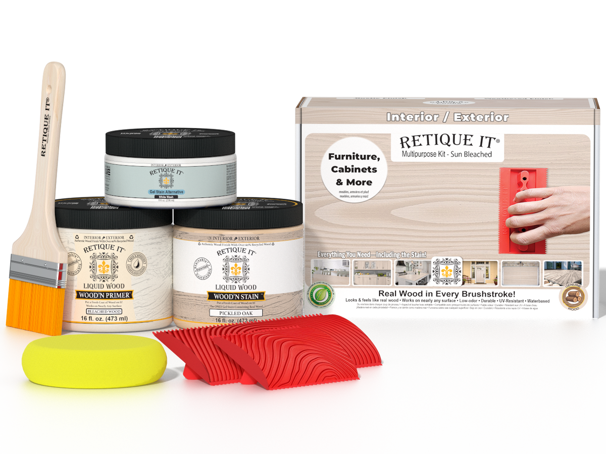 Sun-bleached Wood'n Finish Kit by Retique It® in medium size, featuring natural wood finish and application tools.