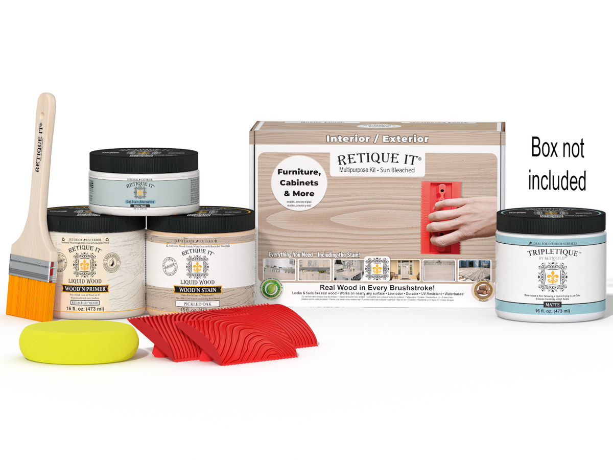 Sun-bleached Wood'n Kit (Med) from Retique It® for interior top coat, includes wood finish tools and materials in a compact box.