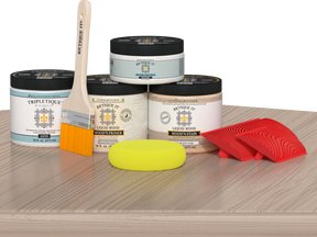 Sun-bleached Retique It Wood'n Finish Kit (Med) for interior projects, featuring a multi-purpose wood top coat on a table.
