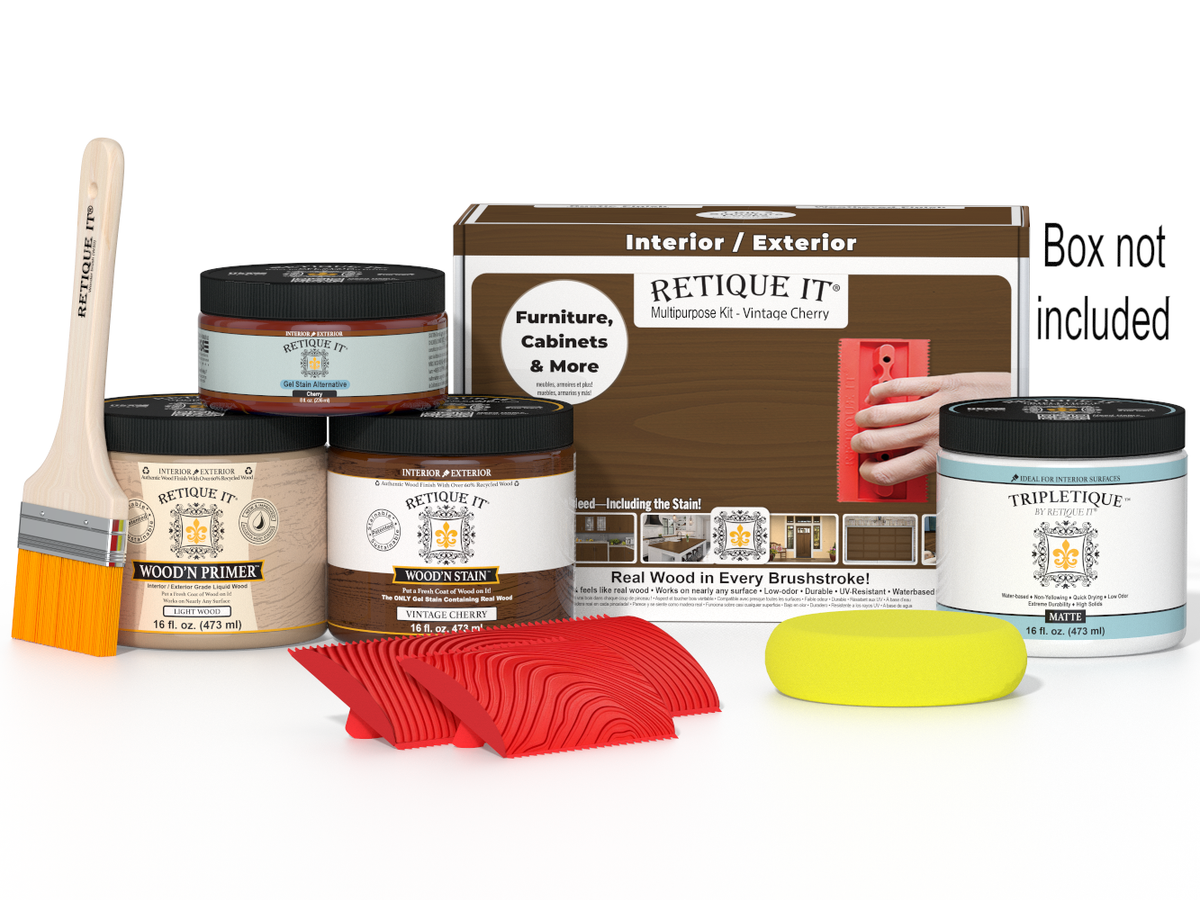 Painting supplies including paint cans, a brush, and a box on a white background