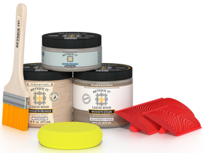 Retique It® Fireplace Wood'n Finish Kit in Weathered Wood stain, showcasing a full fireplace with weathered wood finish.