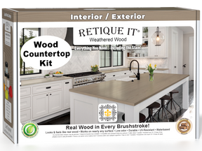Weathered wood kitchen island countertop kit by Retique It® with stains, showing a natural weathered wood finish on a 3D box image.