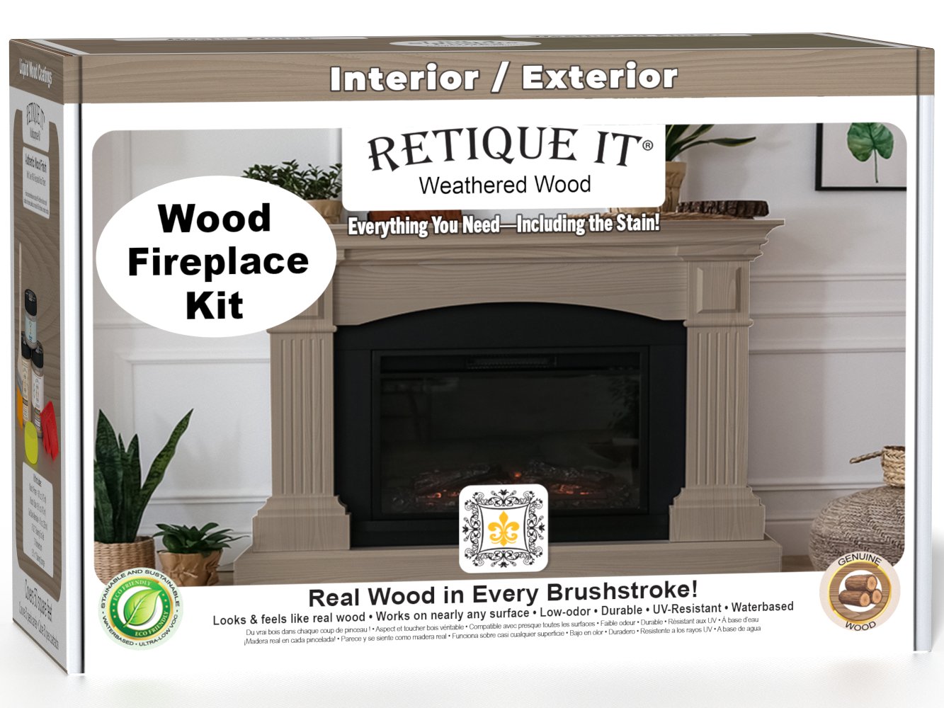Retique It® Fireplace Wood'n Finish Kit in Weathered Wood stain, showing a full fireplace with textured wood finish and kit components.