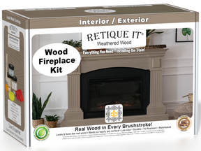 Retique It® Fireplace Wood'n Finish Kit in Weathered Wood stain, showing the full fireplace with weathered wood finish and stain application.