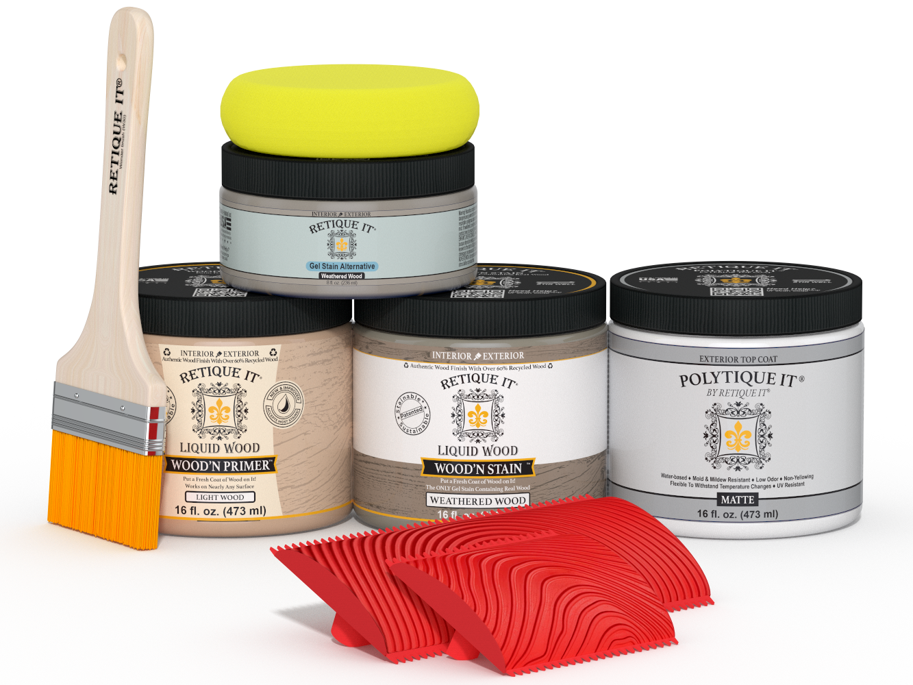 Retique It® Wood'n Kit Medium Weathered Wood exterior top coat with matte finish, shown in a palette of weathered wood tones.