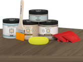 Retique It® Weathered Wood Tabletop Wood'n Finish Kit, double size stain set with applicator on table surface