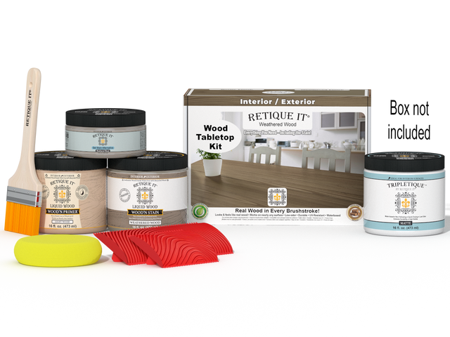 Retique It Wood'n Finish Kit in Weathered Wood for tabletops, featuring stain bottles and application tools for double-sized projects.