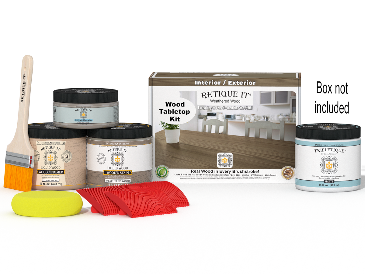 Retique It® Wood'n Finish Kit (Double Size) in Weathered Wood stain, featuring wood stain bottles and application tools for tabletop finishing.