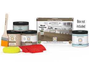 Retique It® Wood'n Finish Kit (Double Size) in Weathered Wood stain, featuring wood stain bottles and application tools for tabletop finishing.