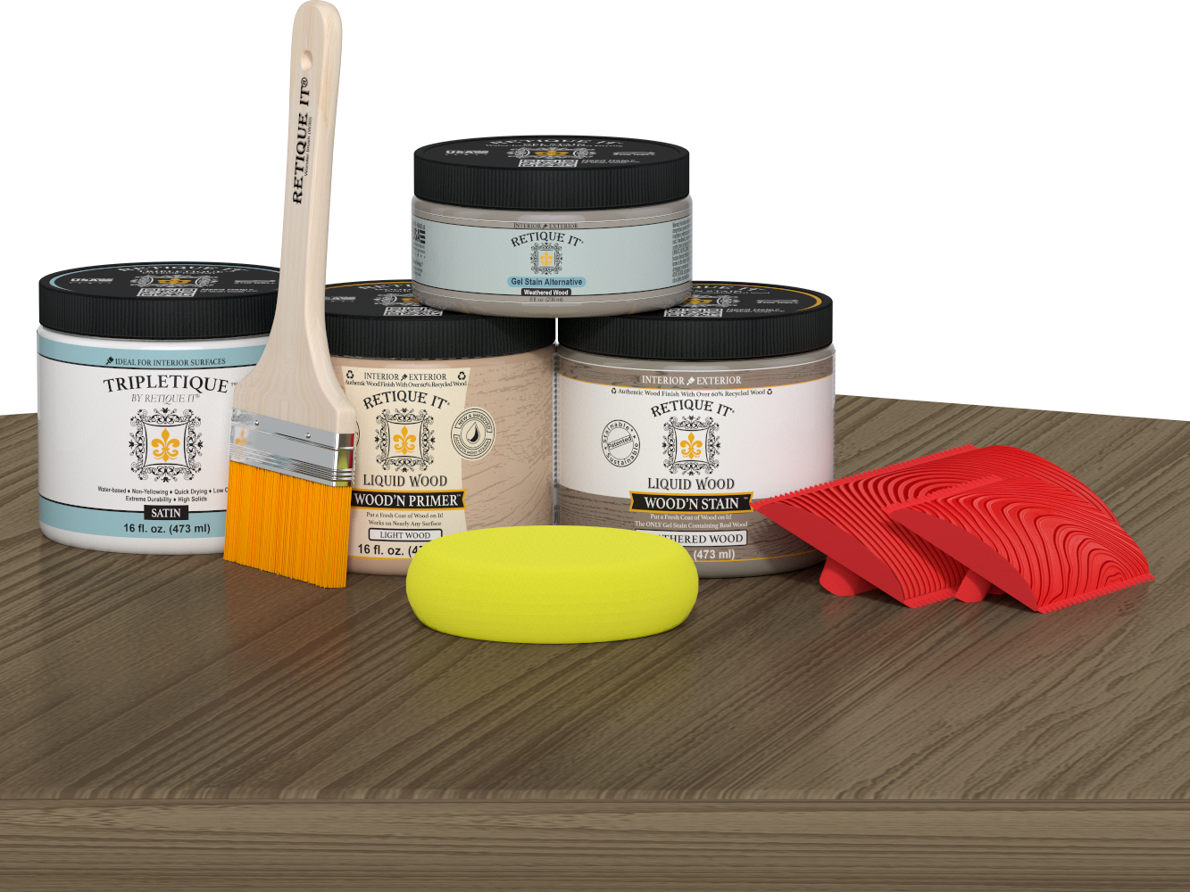 Retique It® Wood'n Finish Kit in Weathered Wood stain showing a double-sized stain kit with wood samples and application tools.