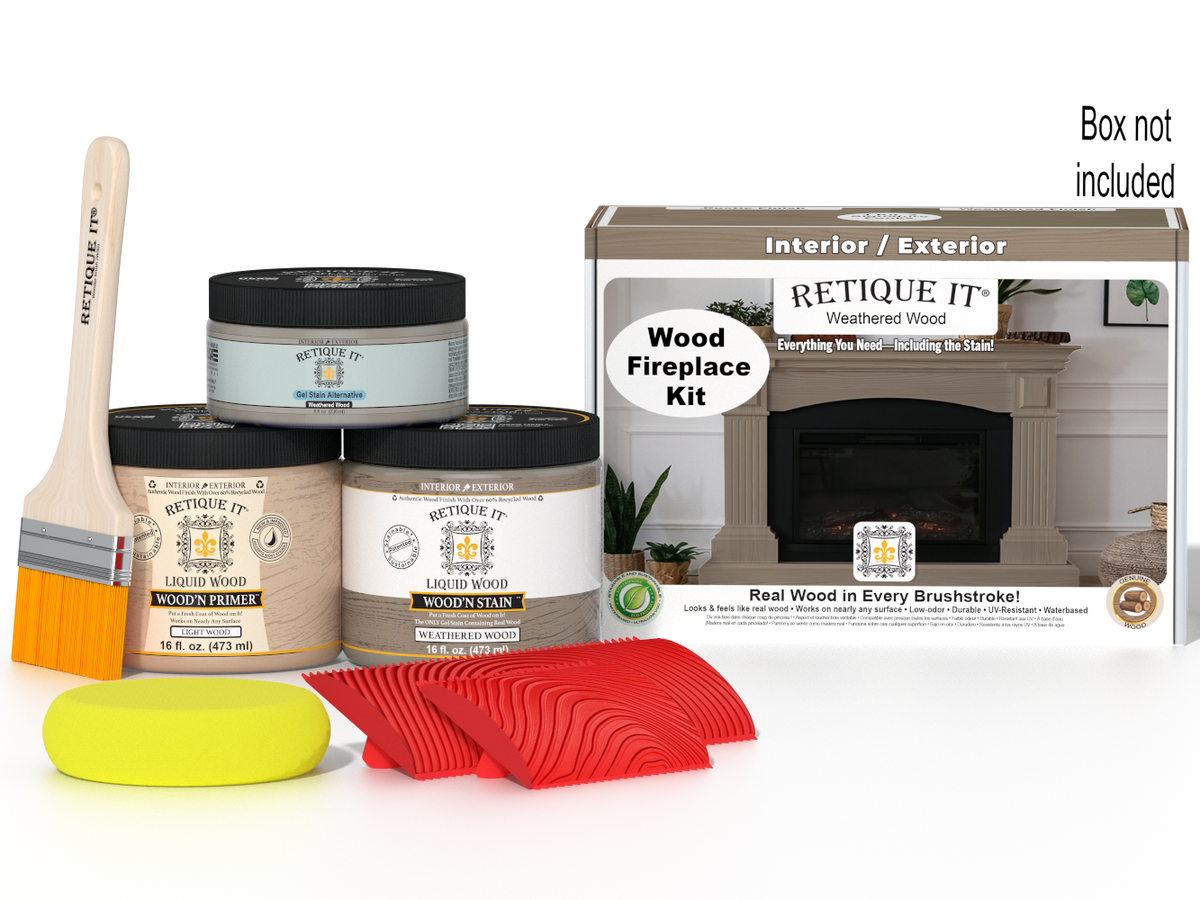 Retique It® Fireplace Wood'n Finish Kit in Weathered Wood stain showing full fireplace with wood finish application and stain details.