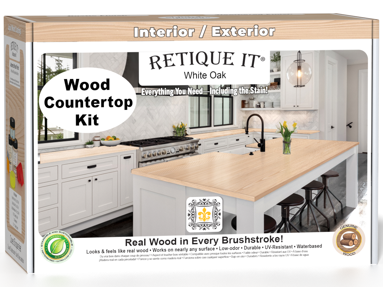 White oak countertop kit from Retique It® featuring stain options for kitchen island countertops.