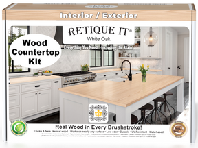 White oak kitchen island countertop kit by Retique It® with stain, shown in a 3D front view highlighting the wood grain and finish.
