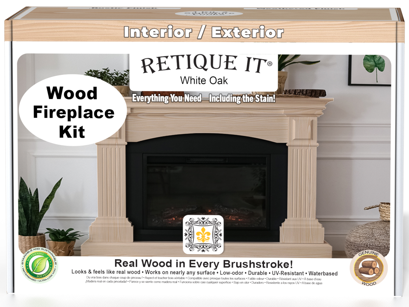 Retique It® Fireplace Wood'n Finish Kit in White Oak stain, showing a full fireplace with wood grain and finish details.
