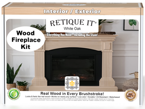 Retique It® Fireplace Wood'n Finish Kit in White Oak stain, showing a full fireplace with wood grain and finish details.