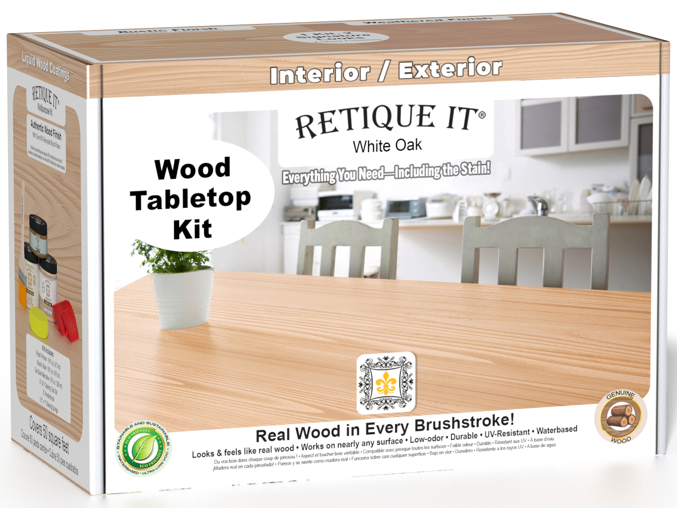 Retique It® Wood'n Finish Kit for tabletops in White Oak, featuring stains and finishing supplies in a double-size kit.