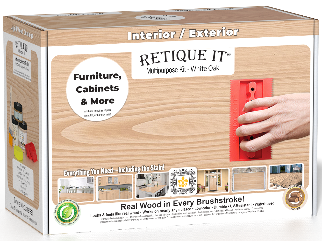 Retique It® Wood'n Kit Medium White Oak exterior top coat with wood finish kit in a box, showcasing the product packaging and wood sample.