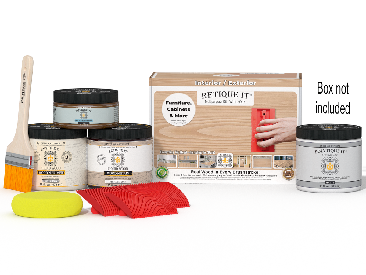Retique It® Wood'n Kit in white oak finish with a wooden top coat, designed for exterior wood projects, shown with application tools.