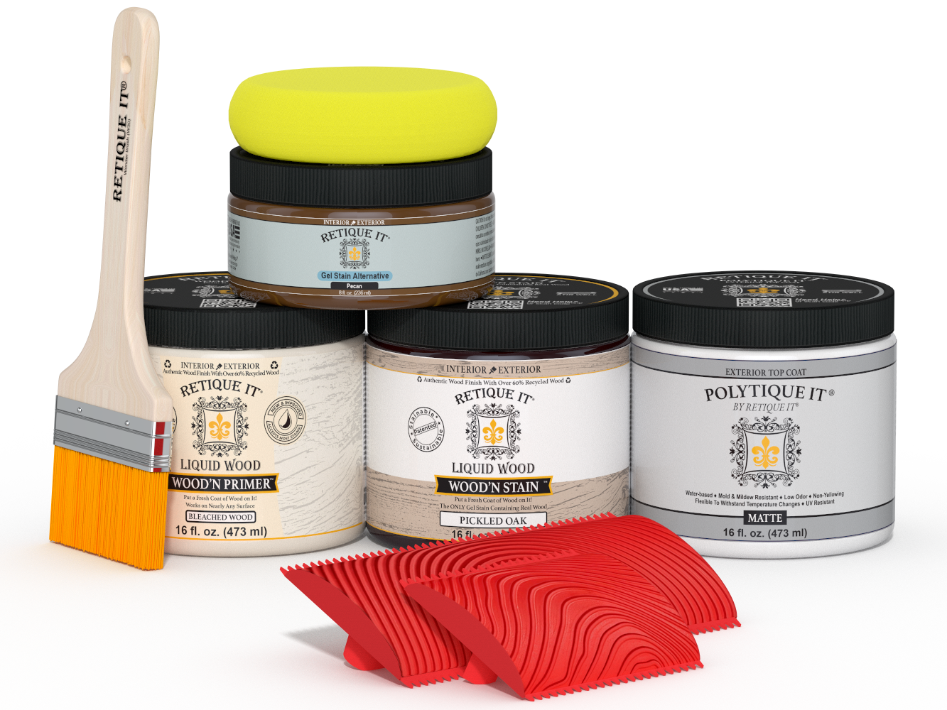 Multi-purpose Wood'n Kit in white oak finish by Retique It® for exterior wood projects, includes top coat and application tools.