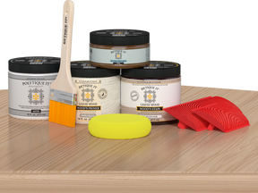 Retique It® Wood'n Finish Kit in White Oak, exterior top coat on a table, showcases multi-purpose wood finishing set.