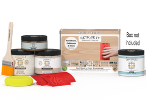 Retique It® Wood'n Kit in White Oak for interior top coat, featuring a multi-purpose finish set with applicator tools and wood sample.