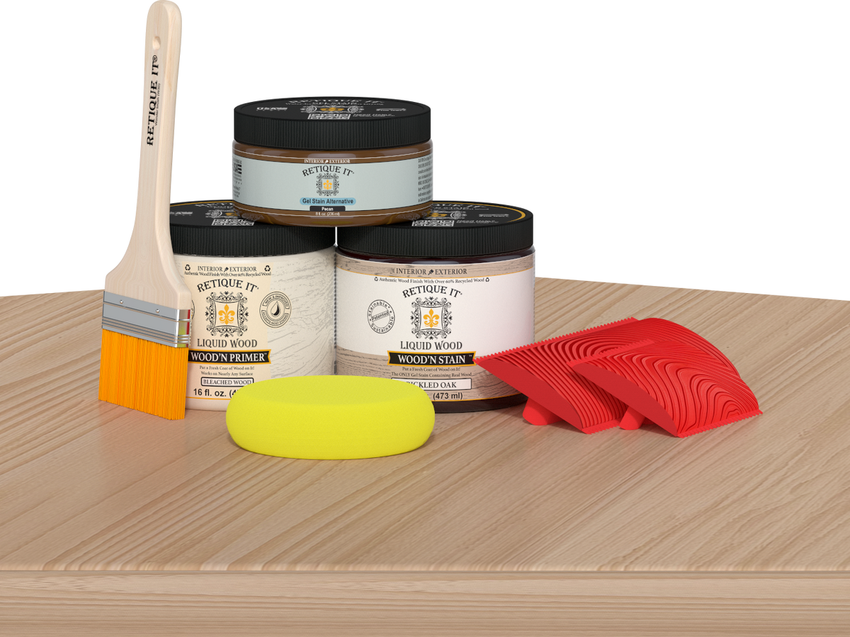 Retique It® Wood'n Finish Kit in White Oak on a table, showing the multi-purpose wood finish kit for furniture and woodworking projects.